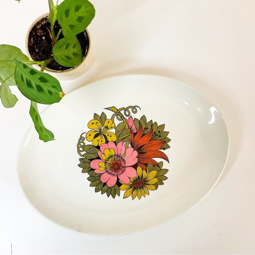 VINTAGE Floral Ironstone Serving Plate Boho England 60s 70s Retro Flowers